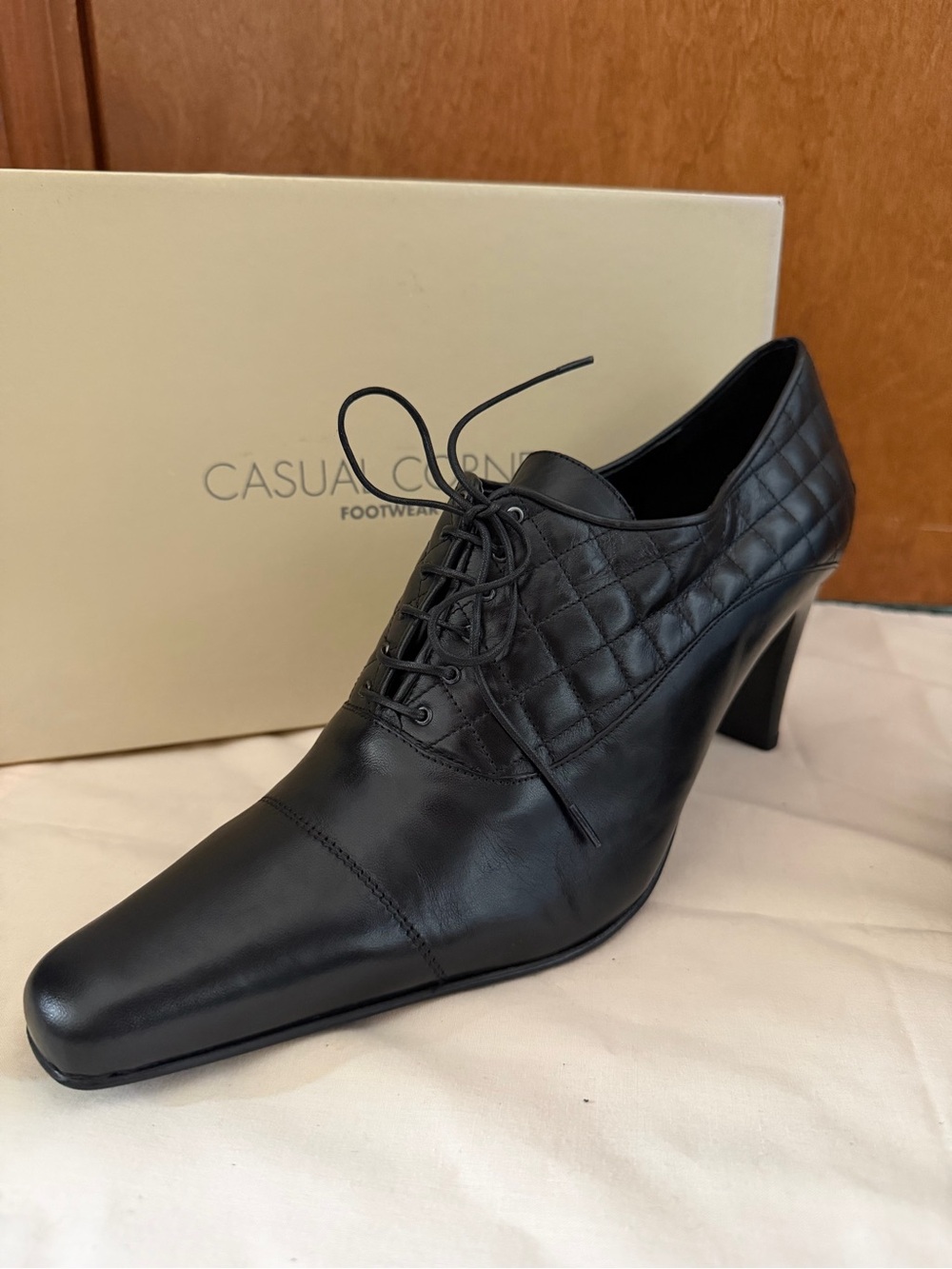 Casual Corner Black Quilted Leather Lace-Up Mid Heel